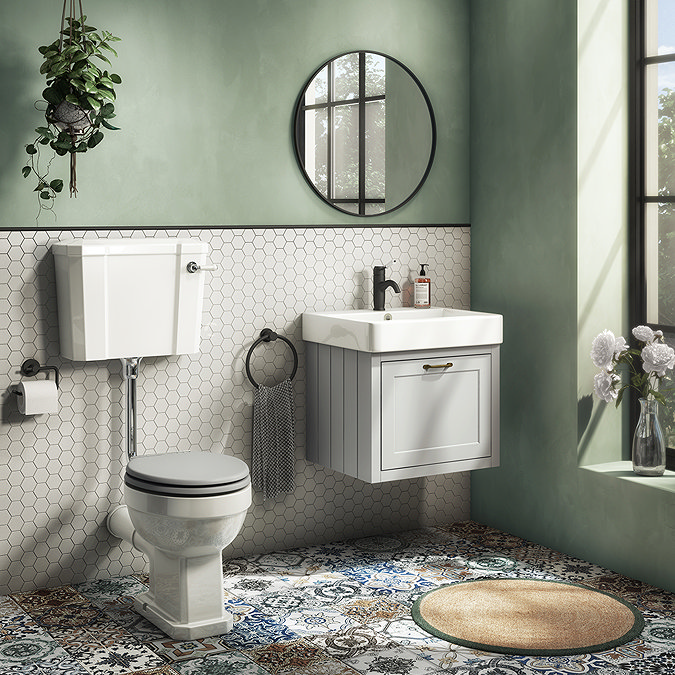 Chatsworth Wall Hung Grey Vanity with Brass Handle & Low Level Toilet Large Image