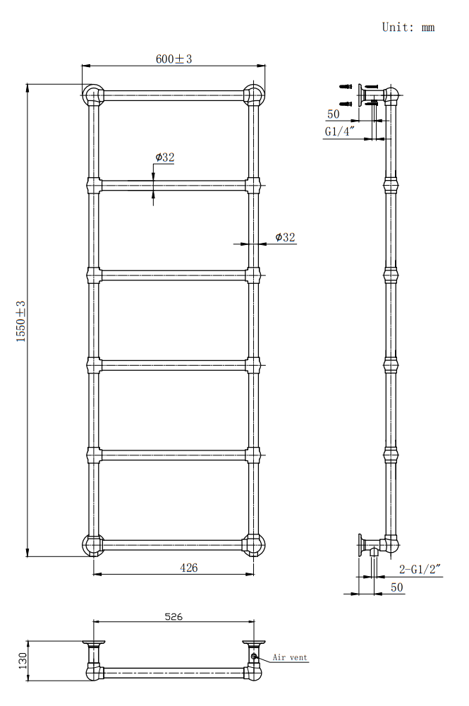 Chatsworth Wall Mounted Towel Rail 1550 x 600mm - Antique Brass
