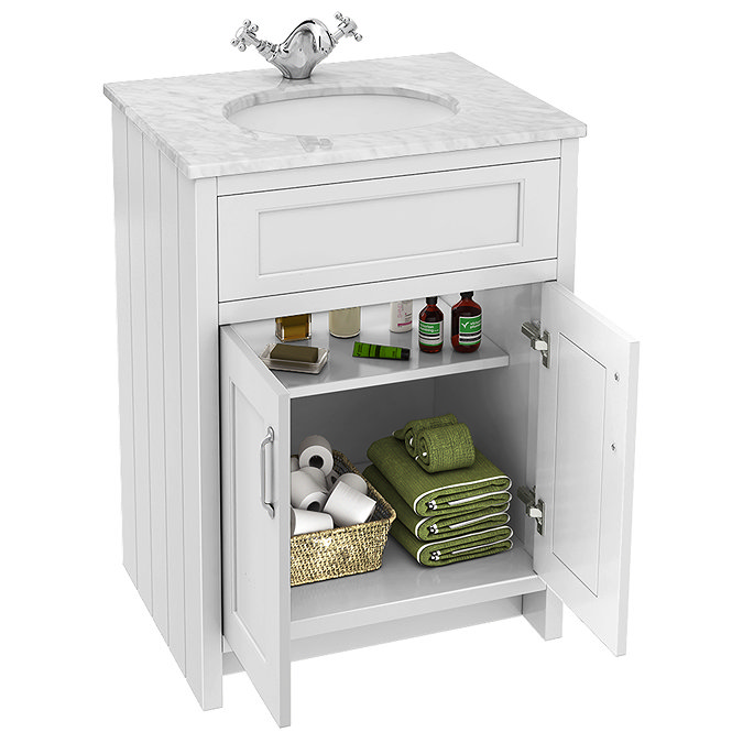 Chatsworth White 610mm Vanity with White Marble Basin Top with Chrome Handles
