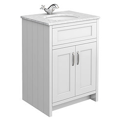 Chatsworth White 610mm Vanity with White Marble Basin Top with Chrome Handles