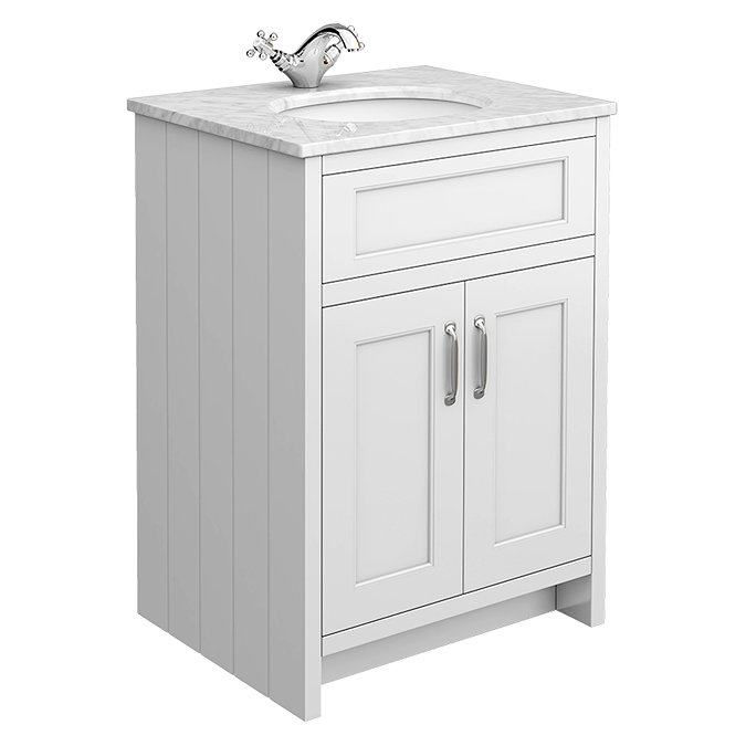 Chatsworth White 610mm Vanity with White Marble Basin Top with Chrome Handles