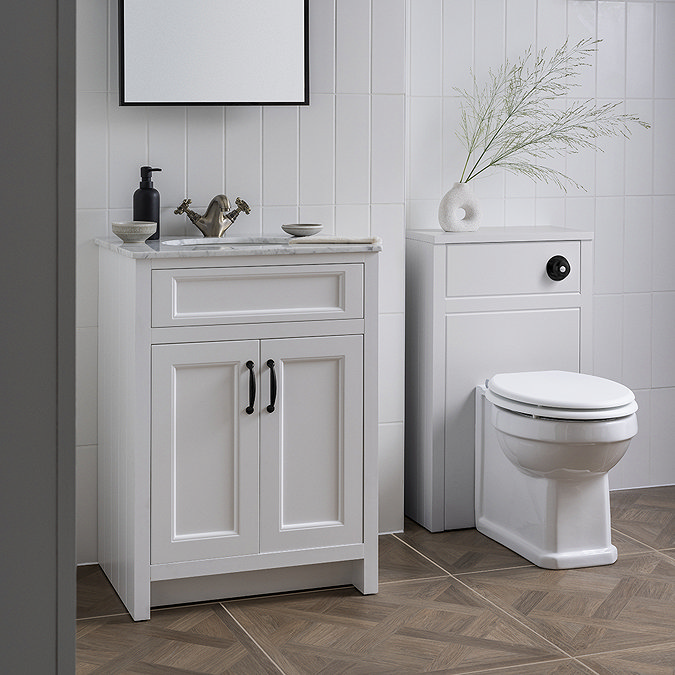 Chatsworth White 610mm Vanity with White Marble Basin Top + Matt Black Handles