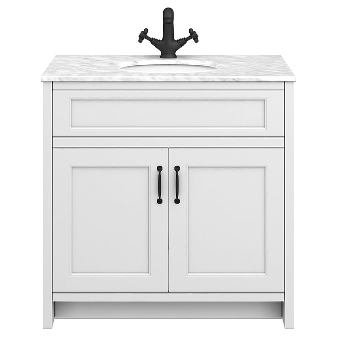 Chatsworth White 810mm Vanity with White Marble Basin Top with Matt Black Handles
