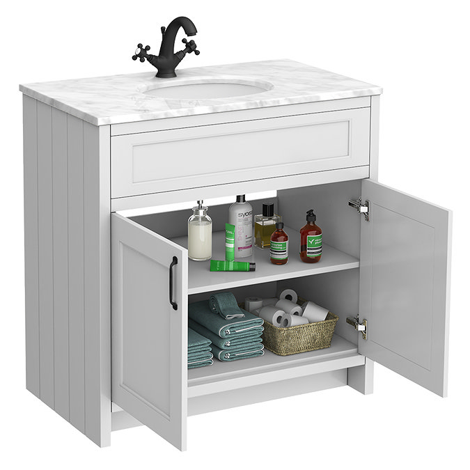 Chatsworth White 810mm Vanity with White Marble Basin Top with Matt Black Handles