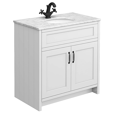 Chatsworth White 810mm Vanity with White Marble Basin Top with Matt Black Handles