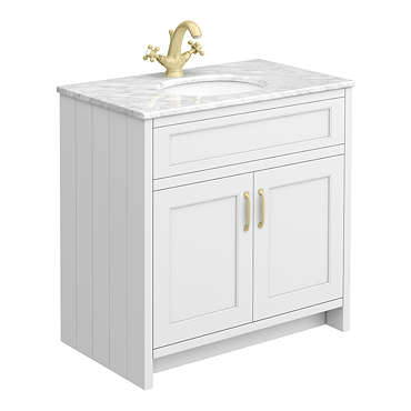 Chatsworth White 810mm Vanity with White Marble Basin Top + Brushed Brass Handles