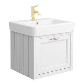 Chatsworth White Wall Hung 1-Drawer Vanity - 560mm with Brushed Brass Handles