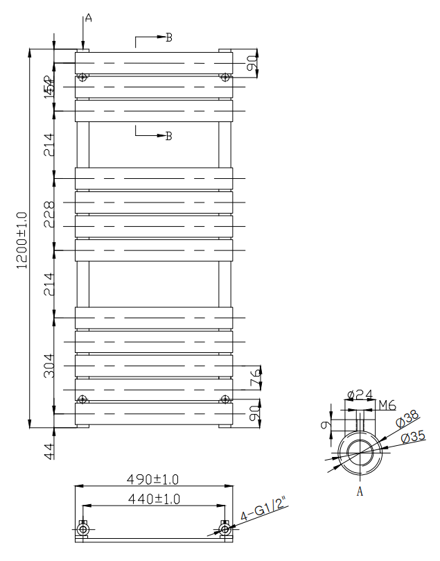 Milan Heated Towel Rail 1200mm x 490mm Chrome - SUN-RAD06 SUN-RAD06
