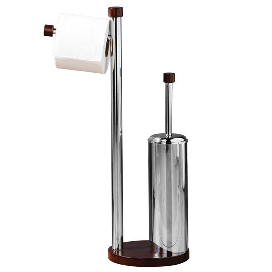 Chrome Toilet Brush & Roll Holder With Brown Wooden Base 1601239 at