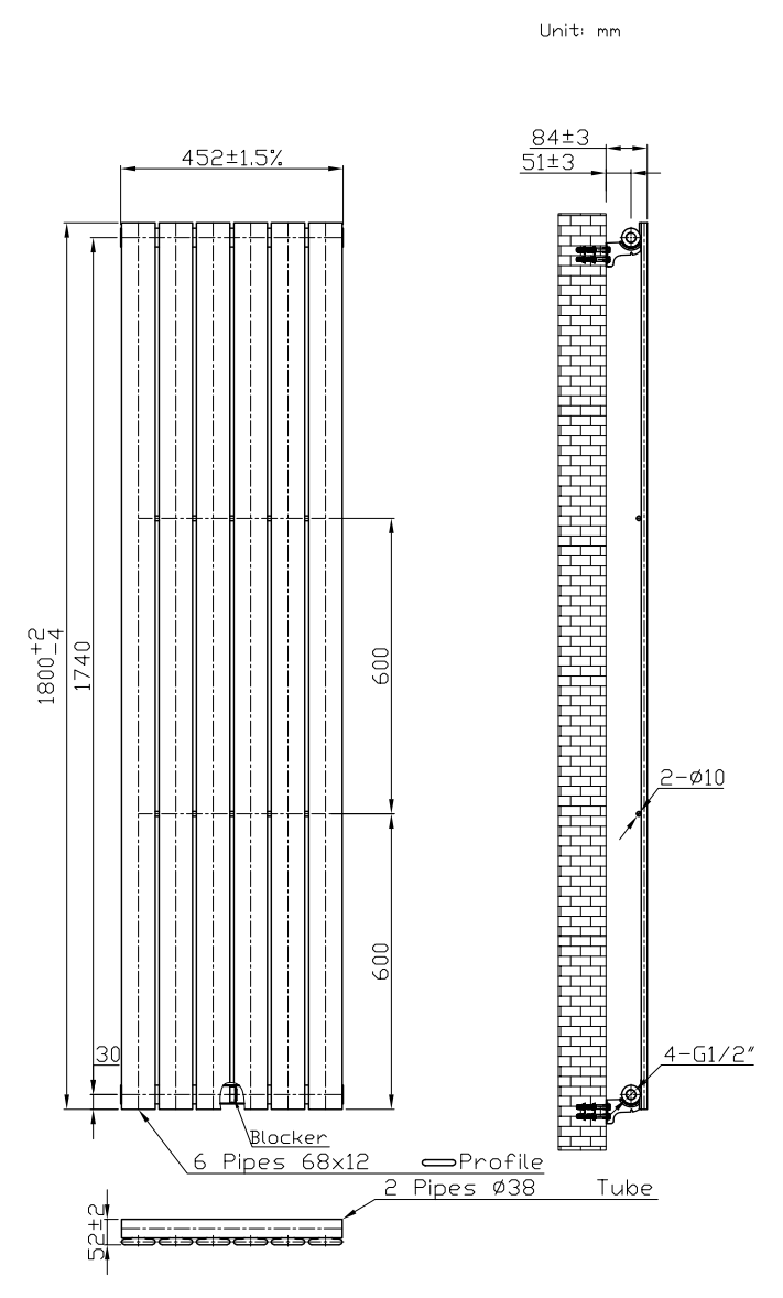 Chrome Vertical Single Panel Radiator W452 x H1800mm