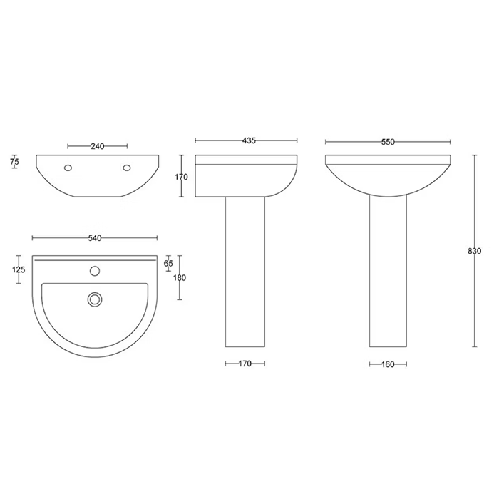 Clarity 550mm 1TH Full Pedestal Basin