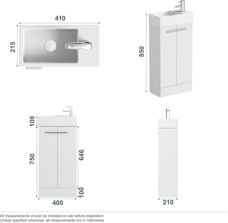 Clarity Compact White 410mm Floor Standing Vanity Unit with Basin