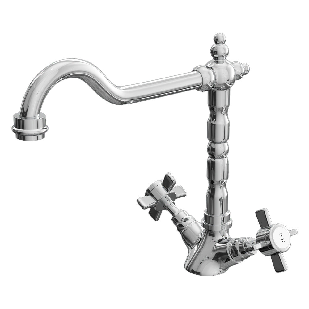 Classic Style Mono Kitchen Sink Mixer Tap with Cross Head Handles - Chrome