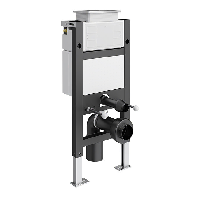 Compact Dual Flush Concealed WC Cistern with Wall Hung Frame with Square Button Chrome Flush & Modern Toilet