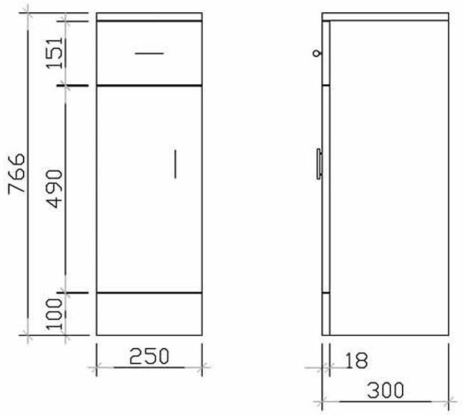 Cove Gloss White Bathroom Cupboard with Matt Black Handles - 250mm Wide x 300mm Deep