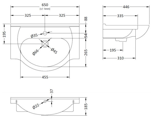 Cove 650mm Matt Black Vanity Unit with Ceramic Basin - 300mm Depth
