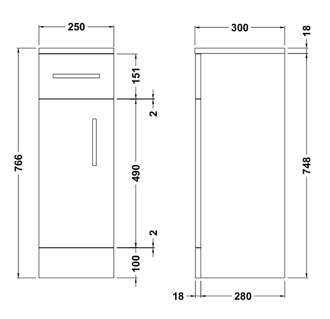 Cove Matt Black Bathroom Cupboard – 250mm Wide x 300mm Deep