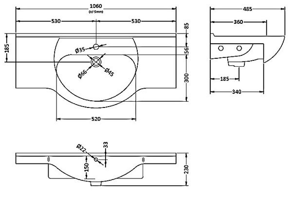 Cove White 1050mm Large Vanity Unit with Brushed Brass Handles