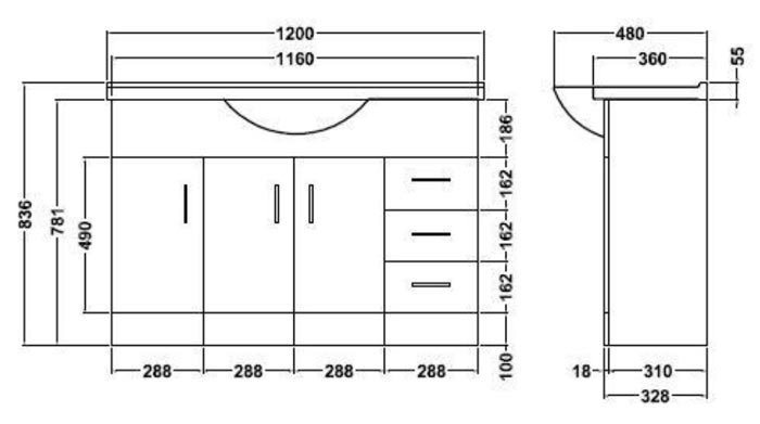 Cove White 1200mm Large Vanity Unit with Brushed Brass Handles