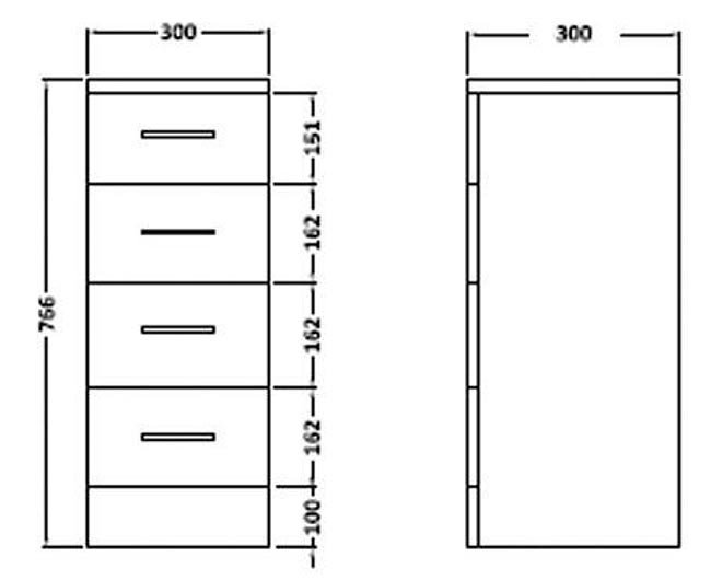 Cove White 300 x 300mm Gloss 4 Drawer Unit with Matt Black Handles