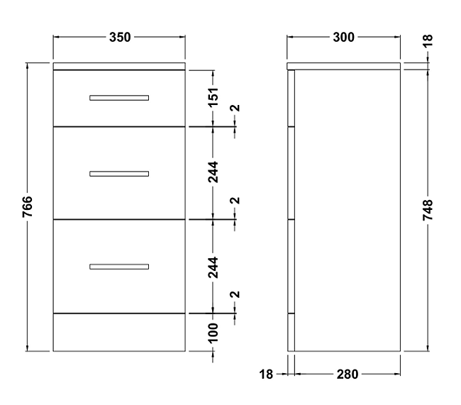 Cove White 350 x 300mm Gloss 3 Drawer Unit with Matt Black Handles