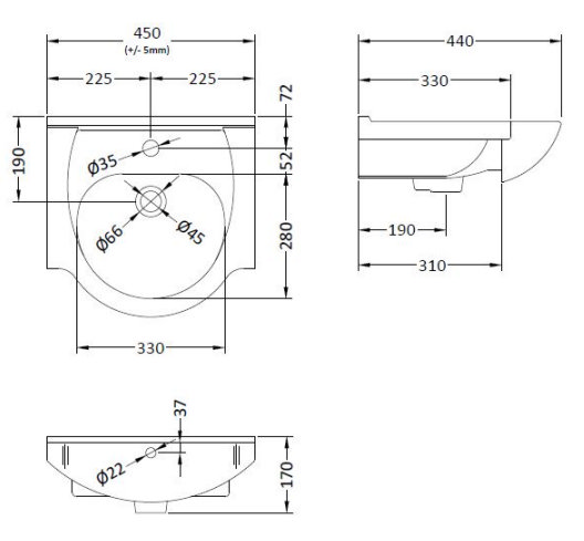 Cove White 450mm Small Vanity Unit with Matt Black Handle