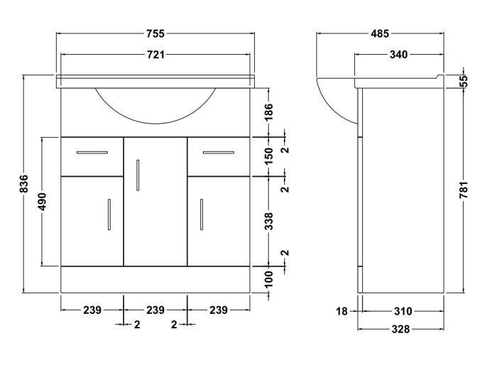 Cove White 750mm Vanity Unit with Matt Black Handles