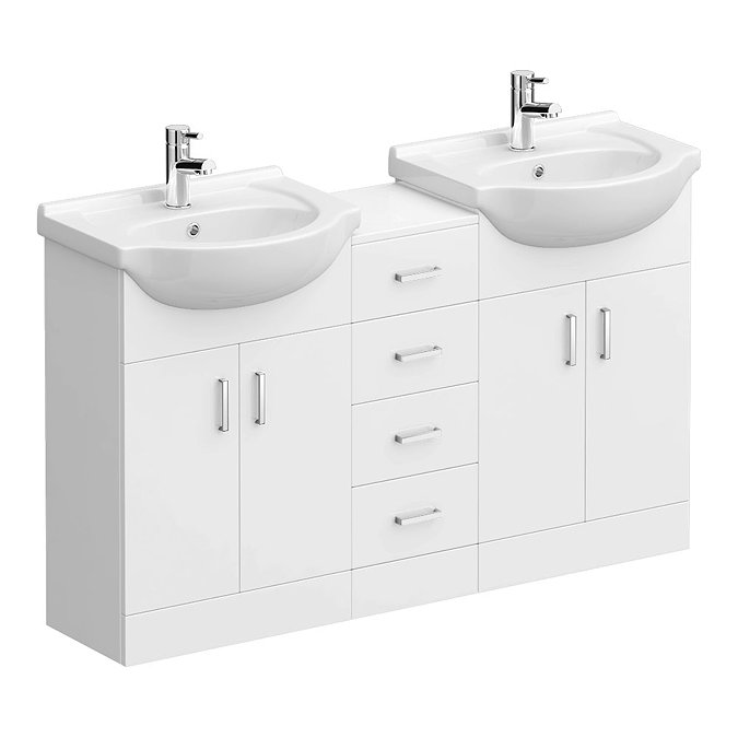 Cove White Gloss Double Basin Vanity + Drawer Combination Unit Large Image