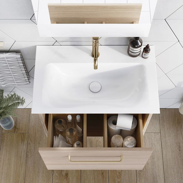 Crosswater Arena 600 Wall Hung Vanity Unit with Brushed Brass Handle - Pure White Gloss Standard La