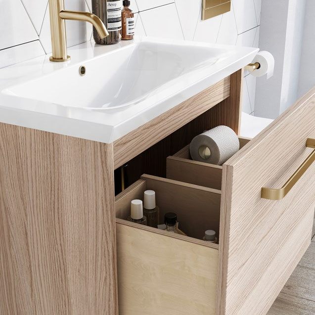 Crosswater Arena 600 Wall Hung Vanity Unit with Brushed Brass Handle - Pure White Gloss In Bathroom