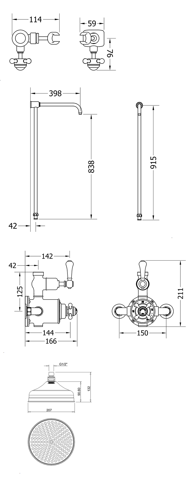 Crosswater Belgravia Brushed Nickel Thermostatic Shower Valve with 8" Fixed Head, Slider Rail & Handset