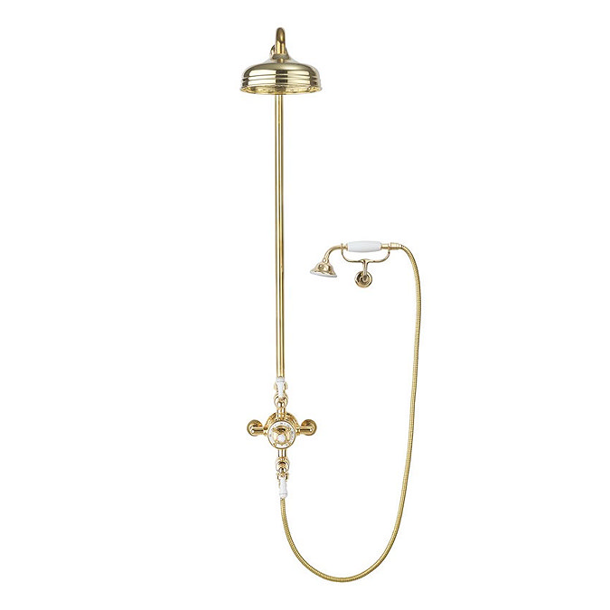 Crosswater Belgravia Unlacquered Brass Thermostatic Shower Valve with 8" Fixed Head, Handset & Wall 