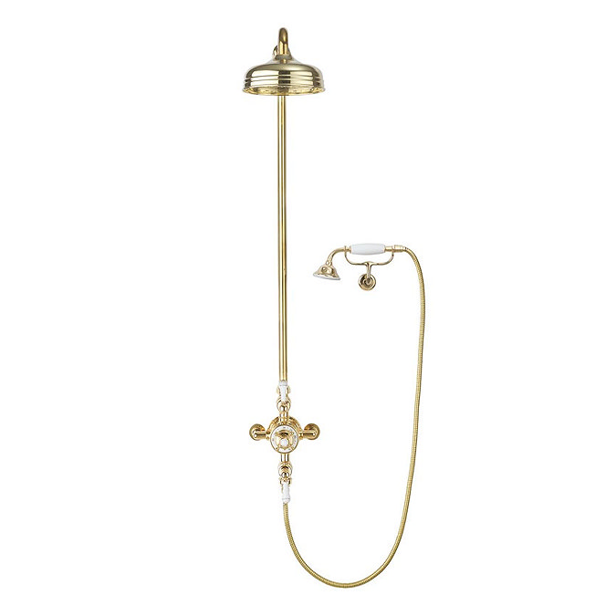 Crosswater Belgravia Unlacquered Brass Thermostatic Shower Valve with 8" Fixed Head, Handset & Wall