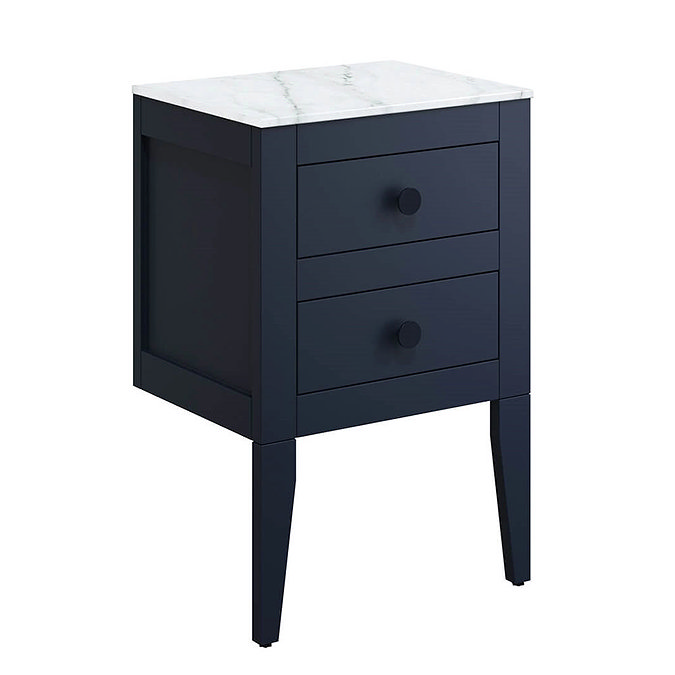 Crosswater Canvass Deep Indigo Blue 485mm Double Drawer Unit with Carrara Marble Effect Worktop Larg