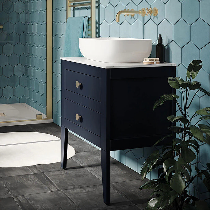 Crosswater Canvass Deep Indigo Blue 600mm Double Drawer Unit with Carrara Marble Effect Worktop  Sta