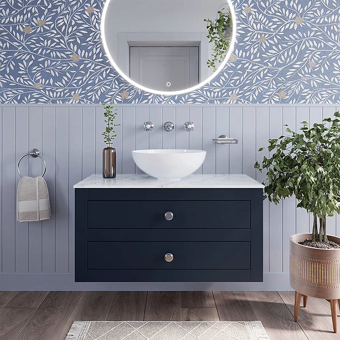 Crosswater Canvass Deep Indigo Blue 900mm Double Drawer Unit with Carrara Marble Effect Worktop  Sta