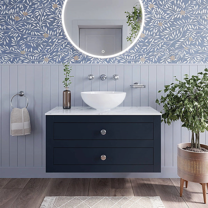 Crosswater Canvass Deep Indigo Blue 900mm Double Drawer Unit with Carrara Marble Effect Worktop Sta