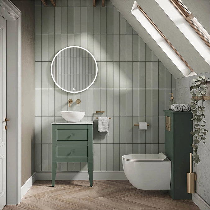 Crosswater Canvass Sage Green 485mm Double Drawer Unit with Carrara Marble Effect Worktop Feature L