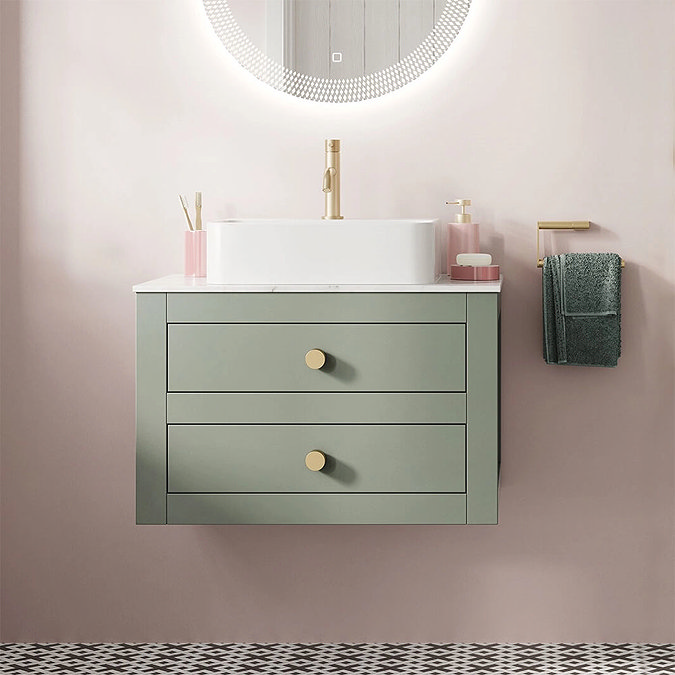 Crosswater Canvass Sage Green 700mm Double Drawer Unit with Carrara Marble Effect Worktop In Bathro