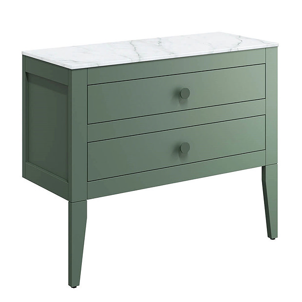 Crosswater Canvass Sage Green 900mm Double Drawer Unit with Carrara Marble Effect Worktop Large Imag