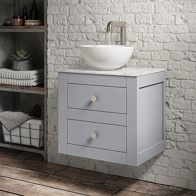 Crosswater Canvass Storm Grey Matt 485mm Double Drawer Unit with Carrara Marble Effect Worktop  Feat