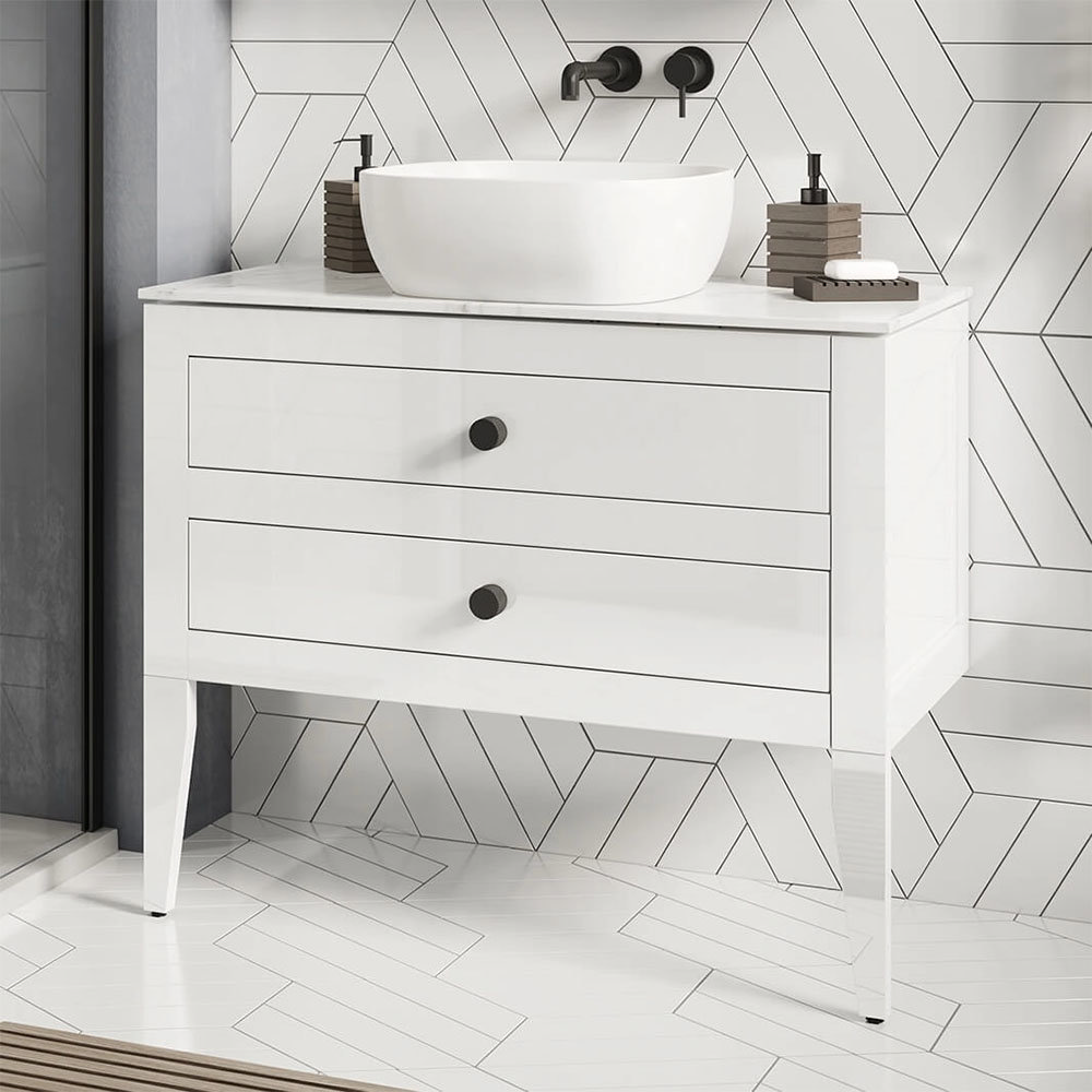 Crosswater Canvass White Gloss Mm Double Drawer Unit With Carrara Marble Effect Worktop