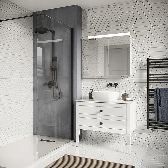 Crosswater Canvass White Gloss 900mm Double Drawer Unit with Carrara Marble Effect Worktop In Bathr