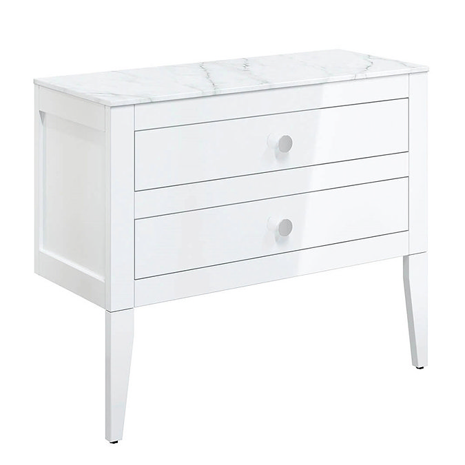Crosswater Canvass White Gloss 900mm Double Drawer Unit with Carrara Marble Effect Worktop Large Ima