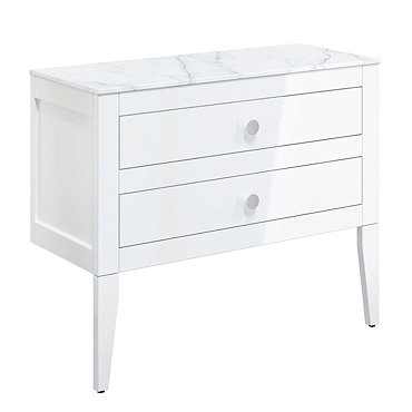 Crosswater Canvass White Gloss 900mm Double Drawer Unit with Carrara Marble Effect Worktop  Profile 