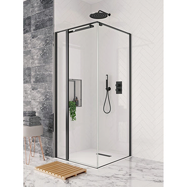 Crosswater Design+ Matt Black Pivot Door & Inline Shower Enclosure with Hush Technology  Profile Lar