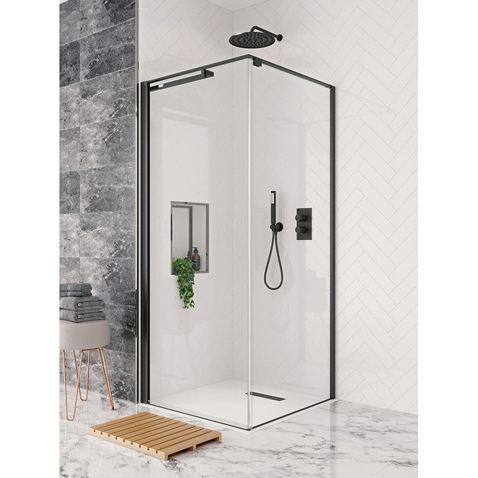 Crosswater Design+ Matt Black Pivot Door Shower Enclosure with Hush Technology Large Image