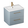 Crosswater Malu 600mm Dusty Blue Wall Hung Vanity Unit & Basin with Brushed Brass Handles