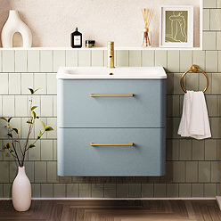 Crosswater Malu 600mm Wall Hung Dusty Blue Vanity Unit & Basin with Brushed Brass Handles