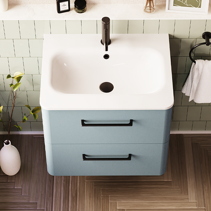Crosswater Malu 600mm Wall Hung Dusty Blue Vanity Unit & Basin with Matt Black Handles